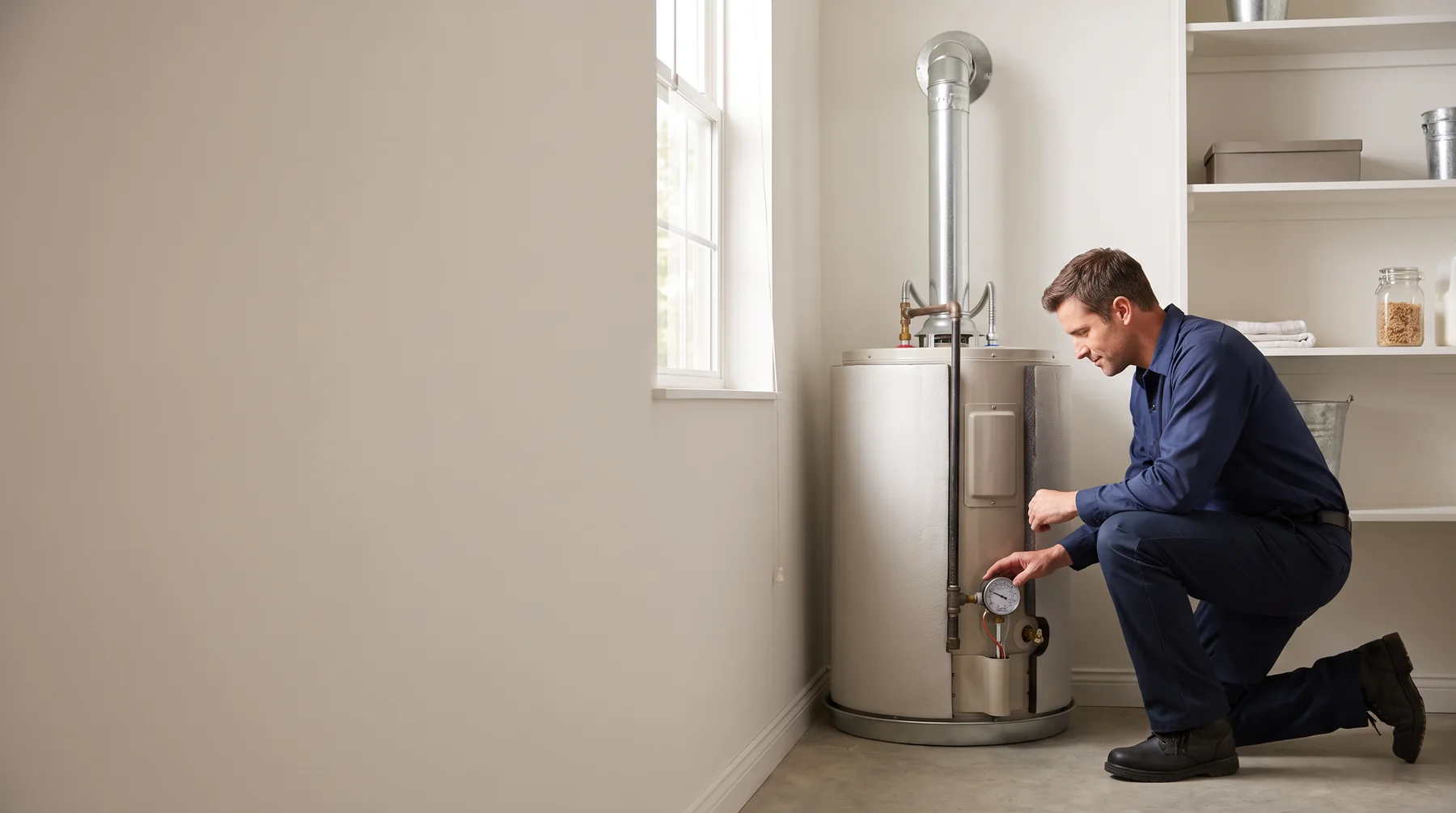 Technician examining a gas water heater in a clean utility room