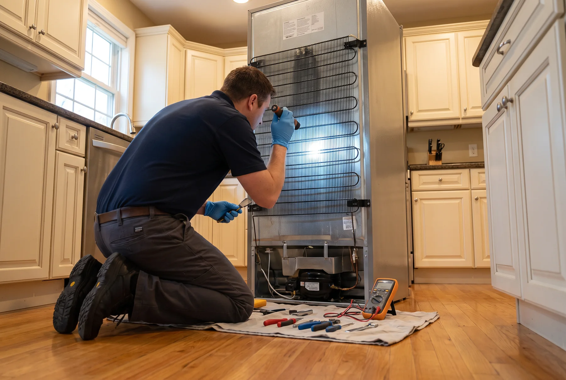 Technician inspecting the rear of a refrigerator in a home kitchen