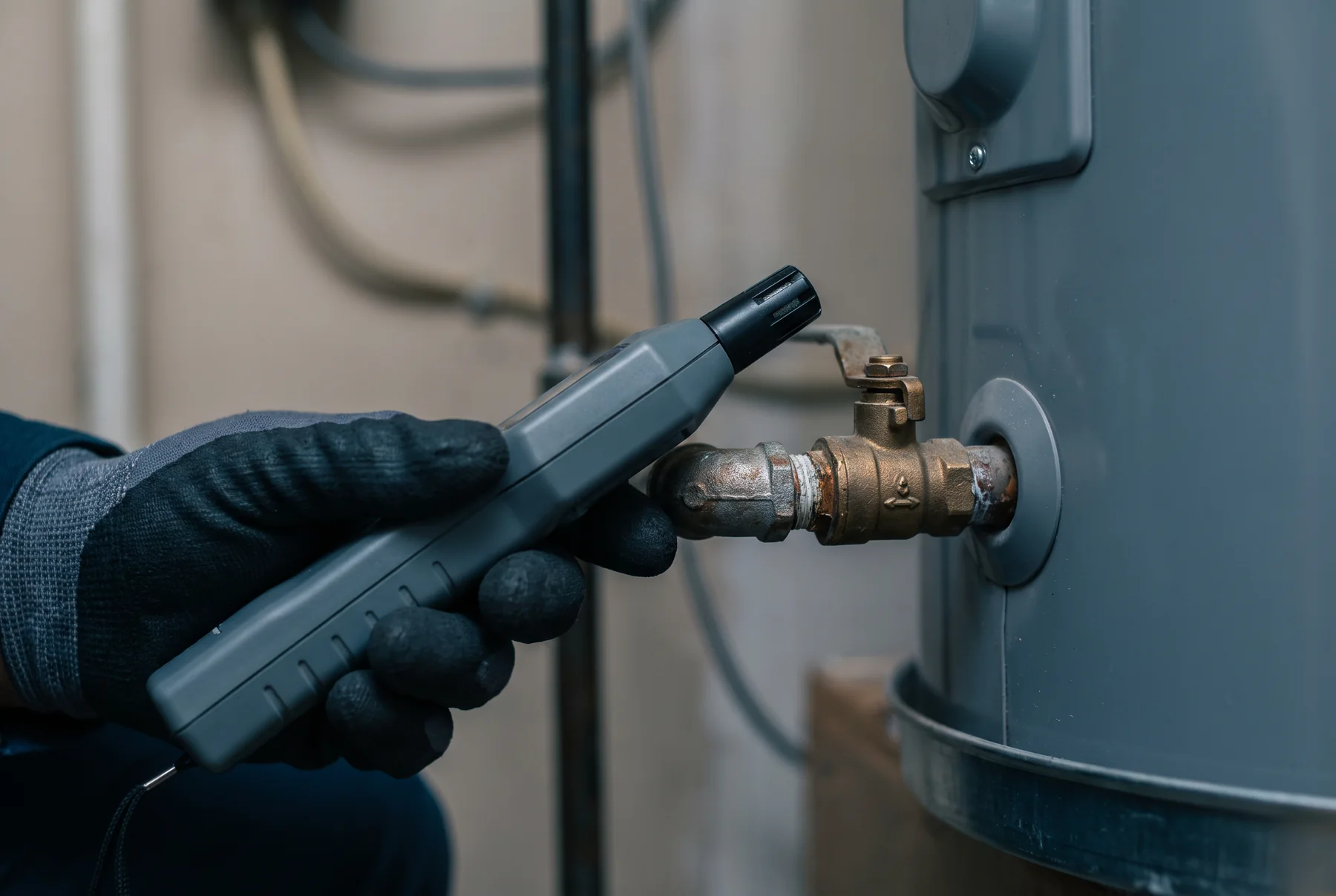 Close view of a gas detection tool being used near a water heater connection
