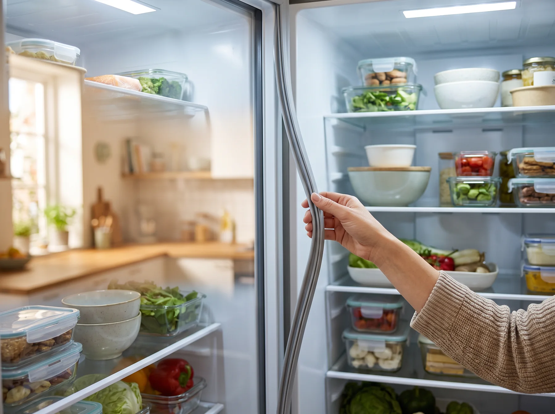 Hand checking a refrigerator door gasket