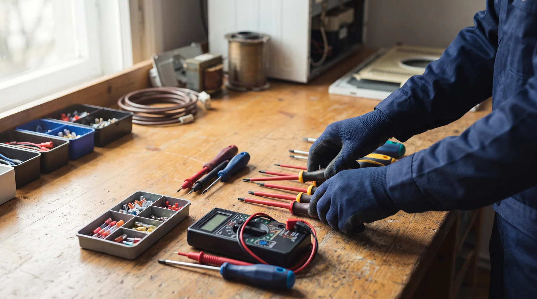 Organized diagnostic tools on a workshop bench